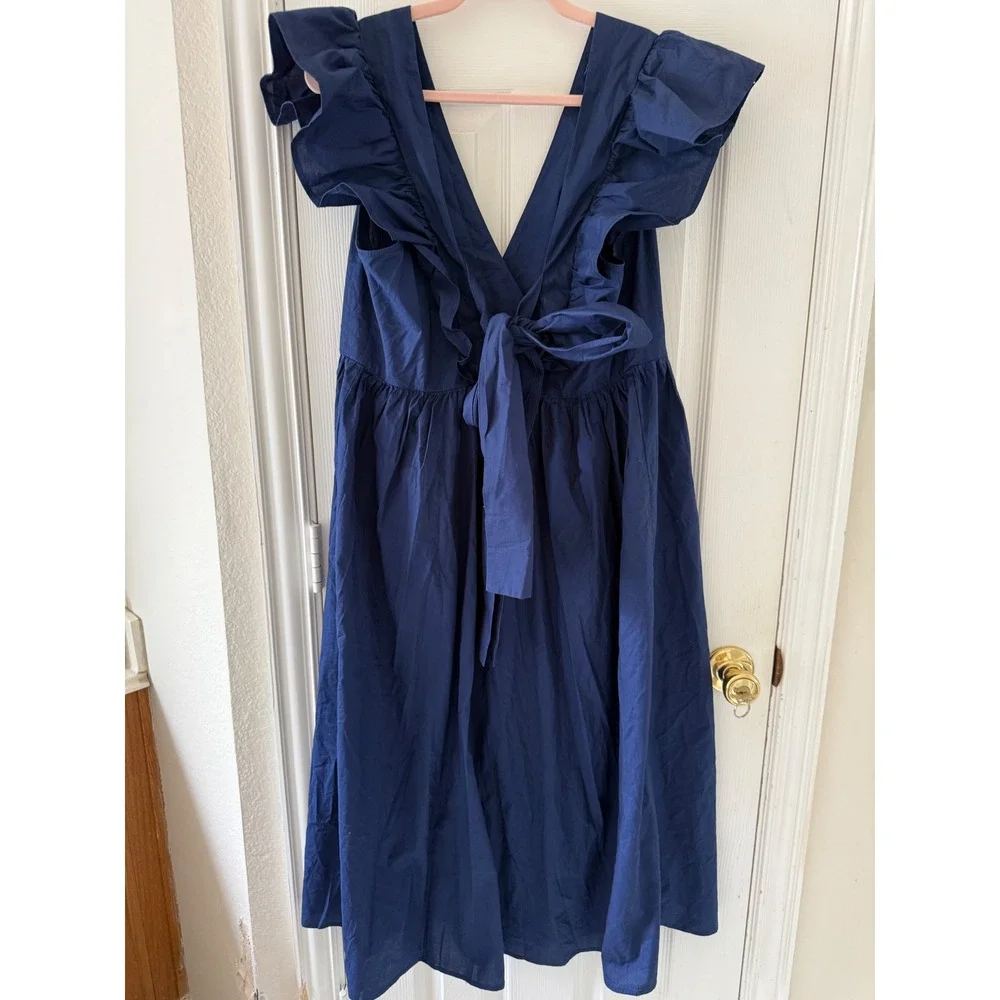 Eloquii Elements Coastal Romantic Navy Midi Dress Ruffle‎ Sleeve Tie Back 14